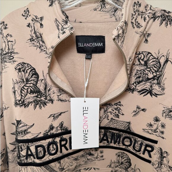 NWT EllandEmm J'adore Half Zip Windbreaker Sweatshirt Cream Black Size XL/XXL - Picture 5 of 7